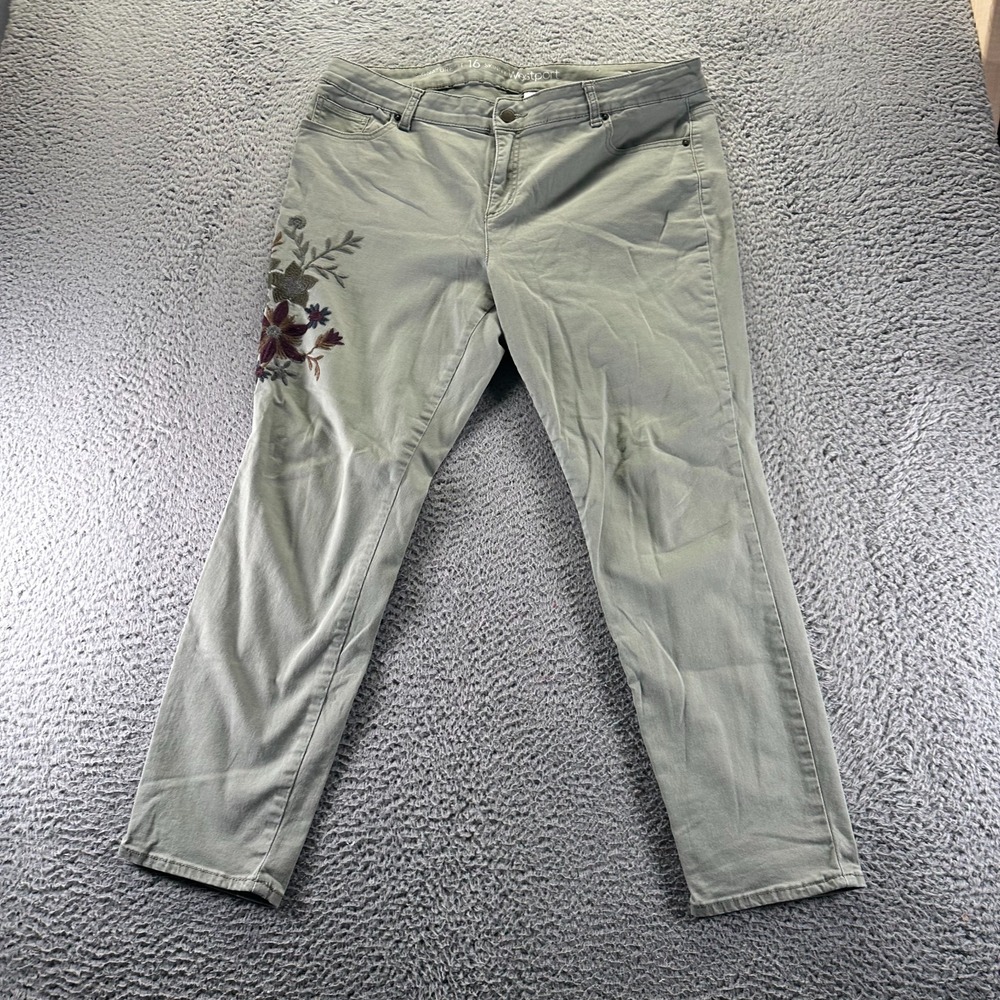 Westport Jeans Womens 16 Green Denim Skinny Curvy‎ Floral Embroidered Stretch